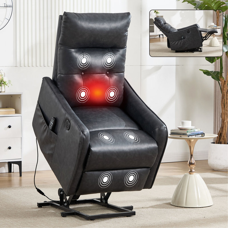 PU Single Motor Power Lift Recliner Chair With Massage And Heat For Elderly, Heavy Duty Motion Mechanism And One USB For Charging, Max Reclining Angle 155°