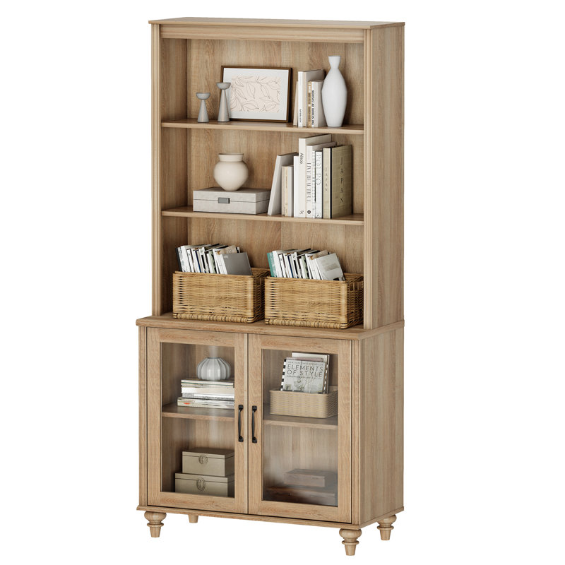Scarlett Sideboard Cabinet With Bar Hutch, Buffet Cabinet With Glass Doors And 5 Tier Shelve, 34'', Oak
