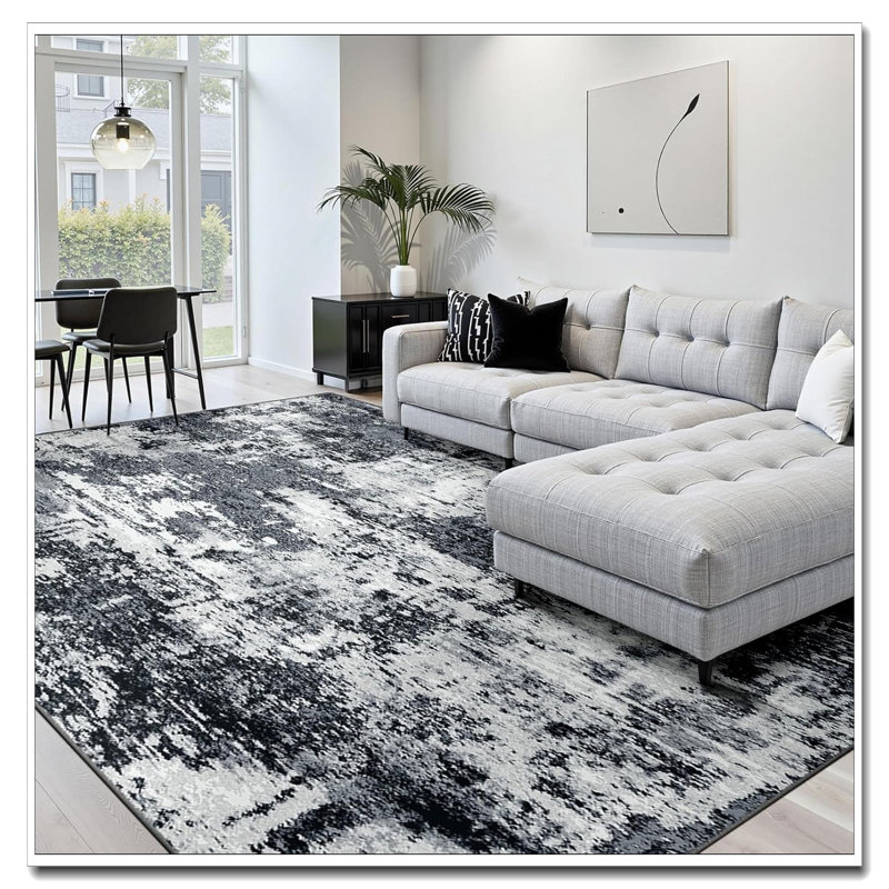 Tides Series 8'X10' Area Rug - Washable Non-Slip Modern Abstract (Dark Black Gold) For Dining Room, Light Gray