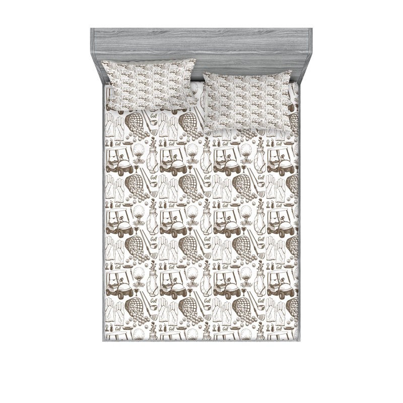 Ensemble de draps et taies décoratives Ambesonne Golf, blanc cacao, Ensemble de draps pour grand lit avec 4 taies d'or