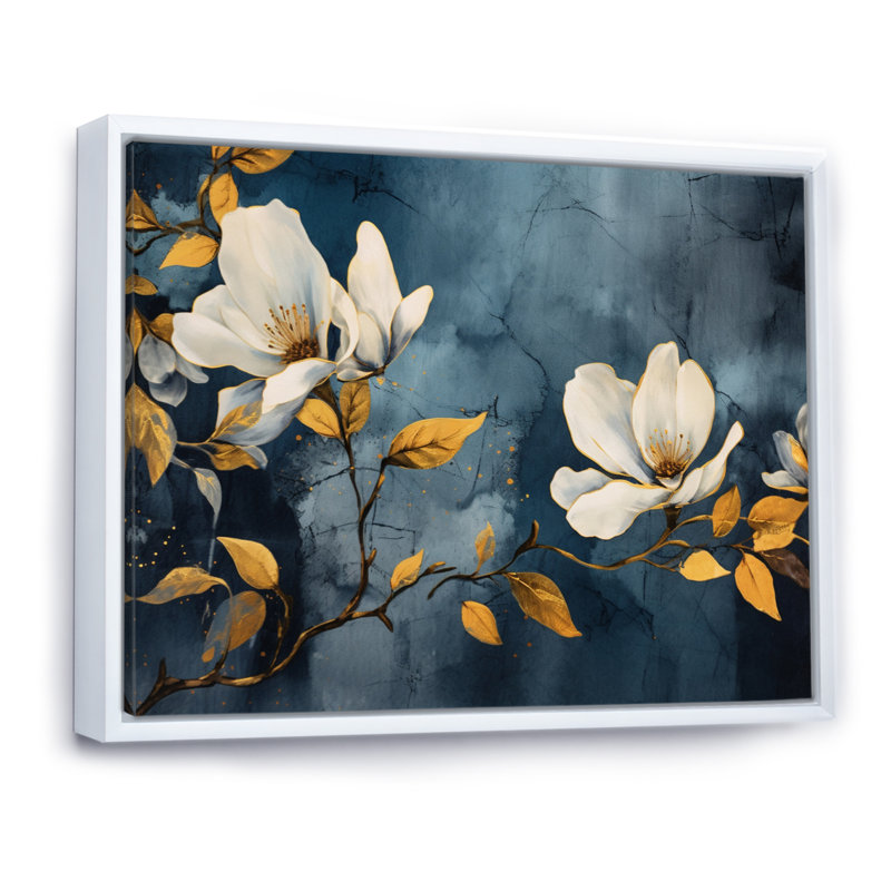 Jaune, gris, magnolia, nature, élégance II, Cadre flottant blanc, H 16 po x l 32 po x P 1 po