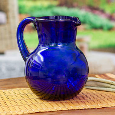 VINTAGE MEXICAN BLOWN HAND PAINTED MIXED FRUIT GLASS PITCHER & 4 GLASSES SET