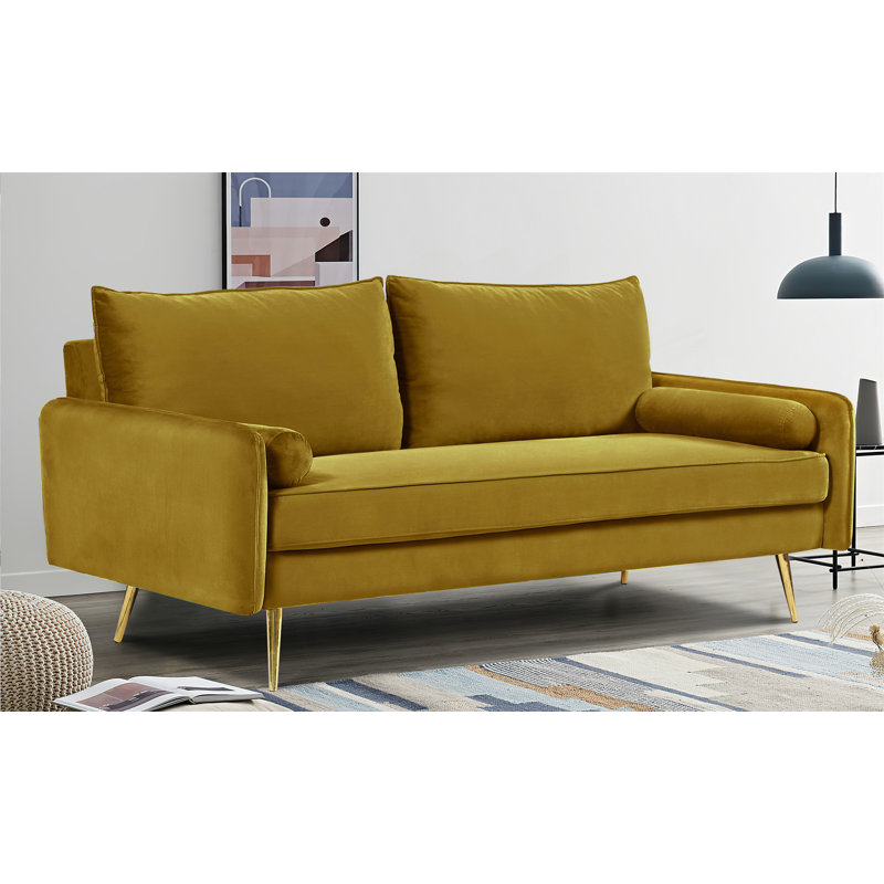 Canapé Mid-Century en velours avec pieds en métal doré, Velours vert lime