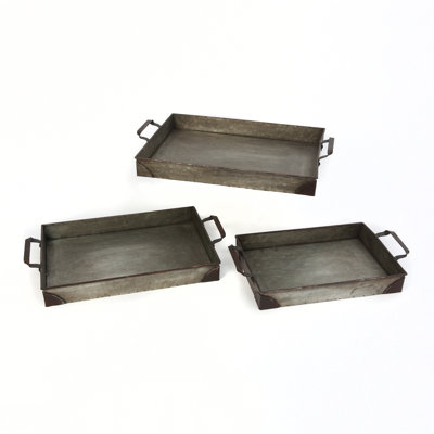 Set of 3 Antique Decorative Metal Trays – Rustic Galvanized Serving Trays with Industrial Handles and Corner Accents