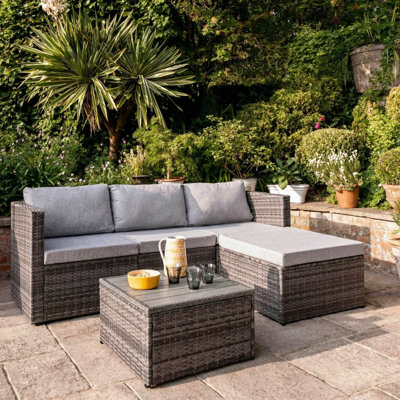 4 Seater Rattan Corner Sofa Garden Set With Polywood Top - Weave