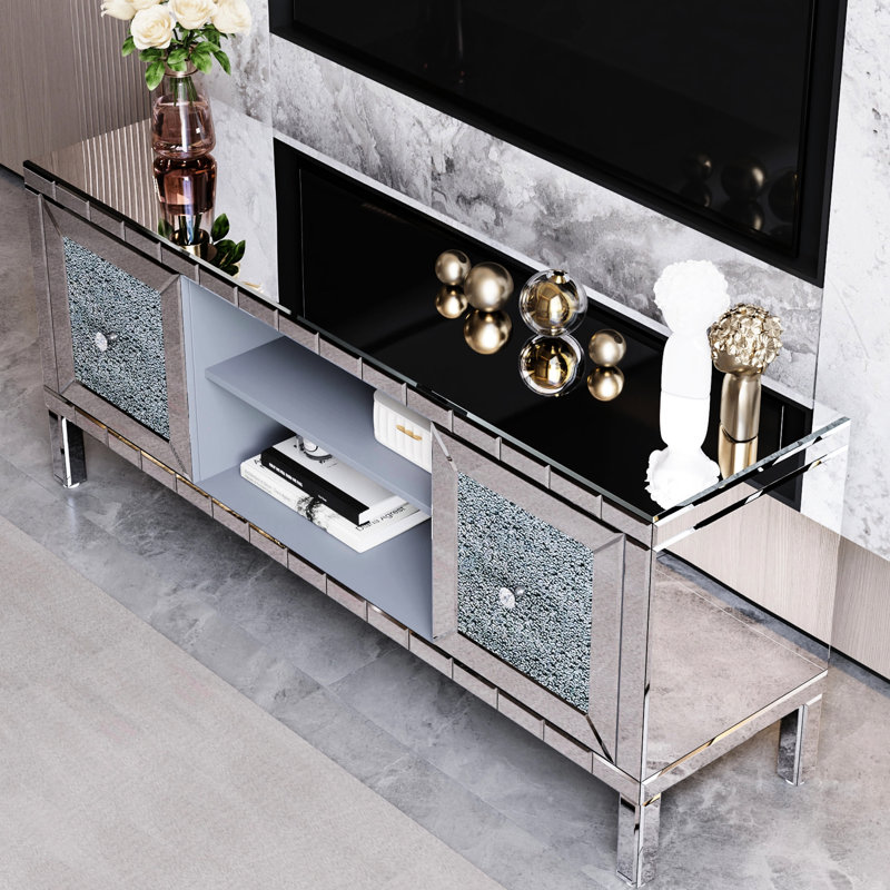 60-inch Mirrored Tv Stand, 65-inch Support, Crushed Diamond Style, Versatile Storage For Remotes Modern Table, Compatibility, Cabinet Doors, Customizable Media