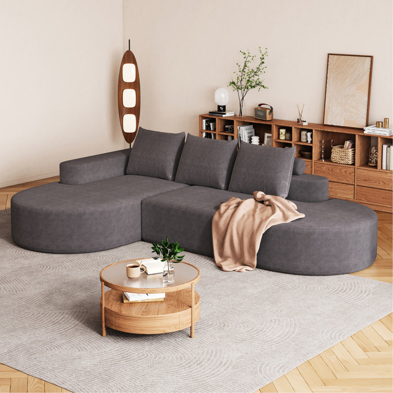 Canapé rembourré en chenille moderne avec 3 coussins, en forme de L 108,5 po, pour salon et chambre à coucher, gris, sièges, confortable, respirant, sans assemblage, lignes arrondies, forme haute résilience