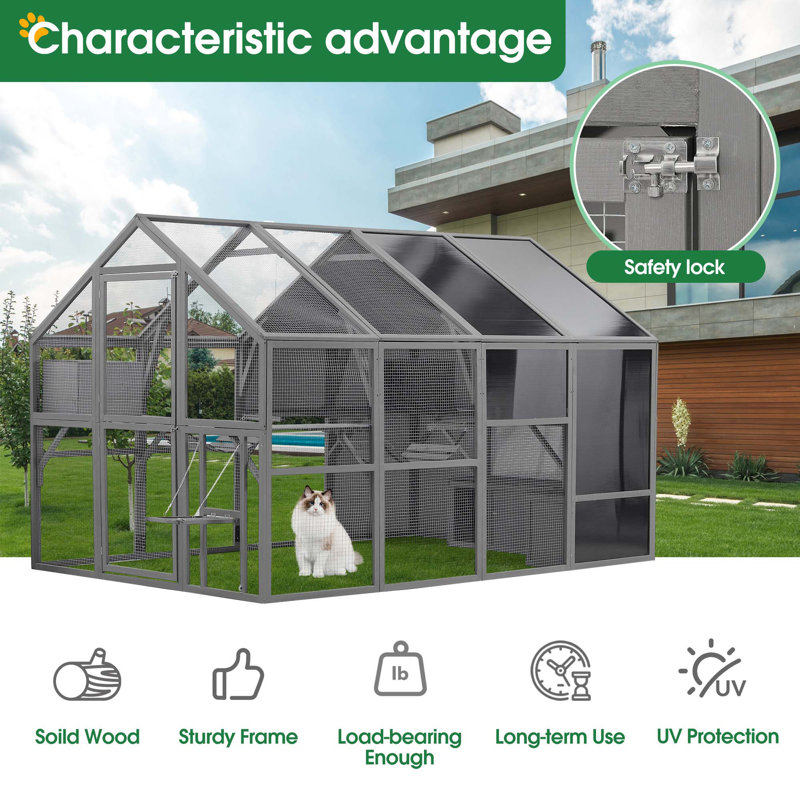 Outdoor Wooden Cat Enclosure with Multiple Play Features for Pets