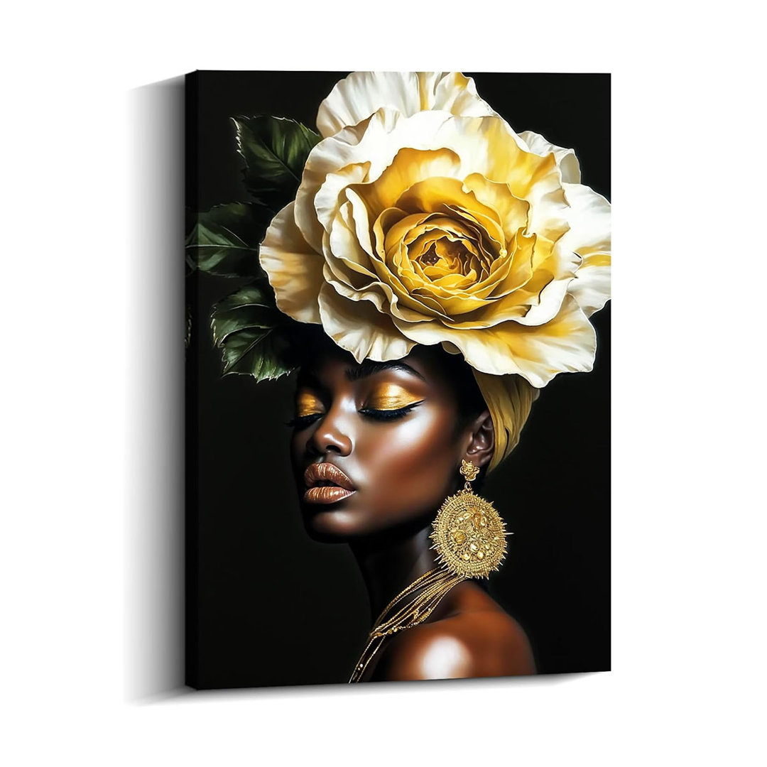 African American Canvsa Art Black Woman With Flower Pictures Abstract Painting Modern Artwork For Living Room Bedroom Wall Decor Fraemd Yellow,16.00"X