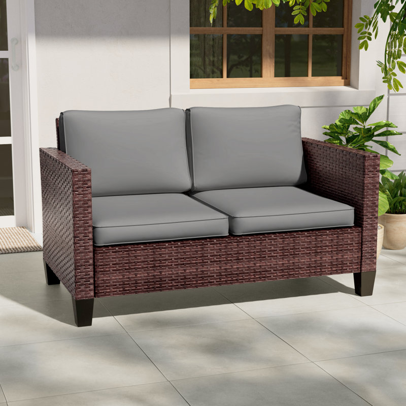 Patio Loveseat Sofa PE  Rattan Set With Thick Cushions and Sturdy Frame, Brown, Gray