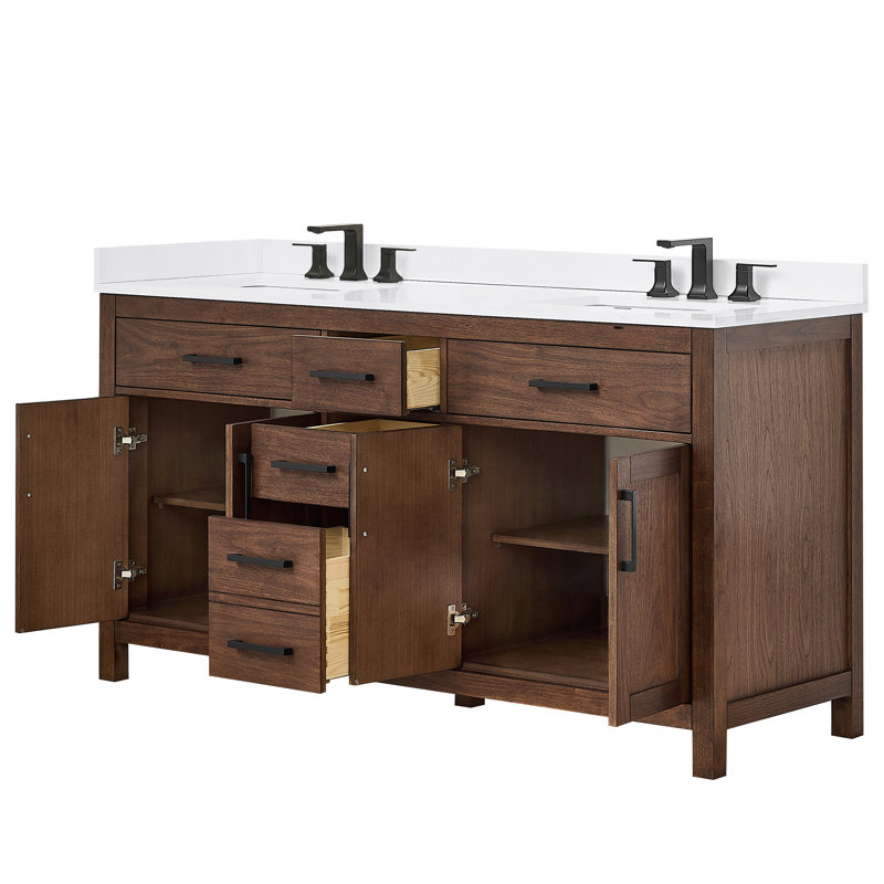 Ensemble de meuble-lavabo double 66 po Beckett, Noyer foncé avec bordure noir mat, Comptoir en marbre de culture blanc