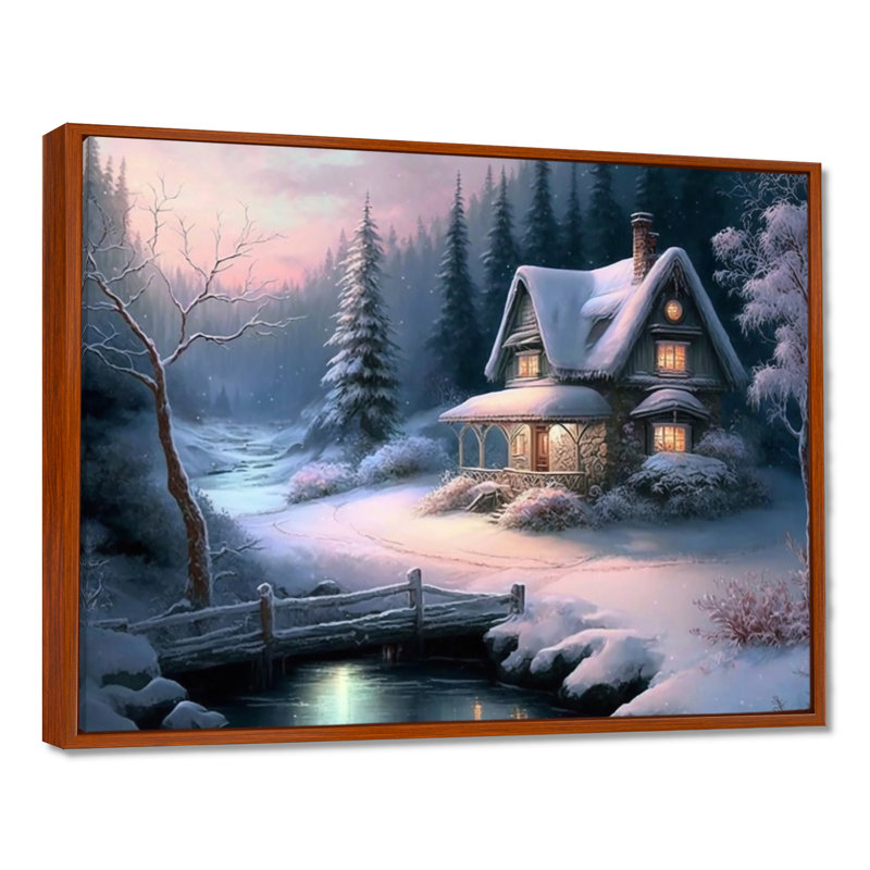 Winter Scene Farmhouse - Landscape Cottage, art mural, H 12 po x l 20 po x P 1 po, Cadre flottant brun