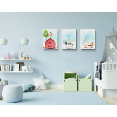 «Cow Chick Cute Farm Animals», ensemble de 3 impressions sur toile tendue