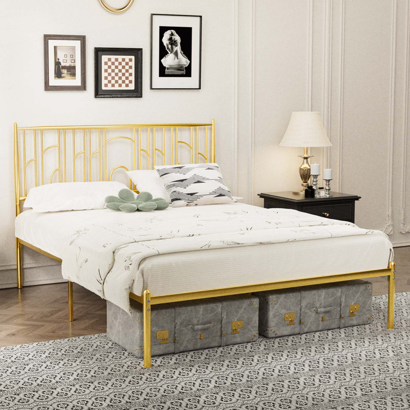 Metal Steel Platform Bed Frame with Iron-art Headboard