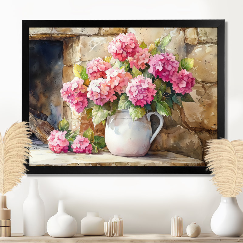 Dukene Farm Hydrangeas By The Fireplace - Hydrangea Wall Art, H 34 po x l 44 po, Noir, noir, noir, noir, Picture Framed