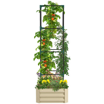 Lit de jardin surélevé galvanisé Outsunny, boîte à fleurs d'extérieur 24 po x 24 po x 11,75 po avec cage à tomates en treillis et fond ouvert pour plantes grimpantes, légumes, fleurs dans la cour, jardin, patio, crème