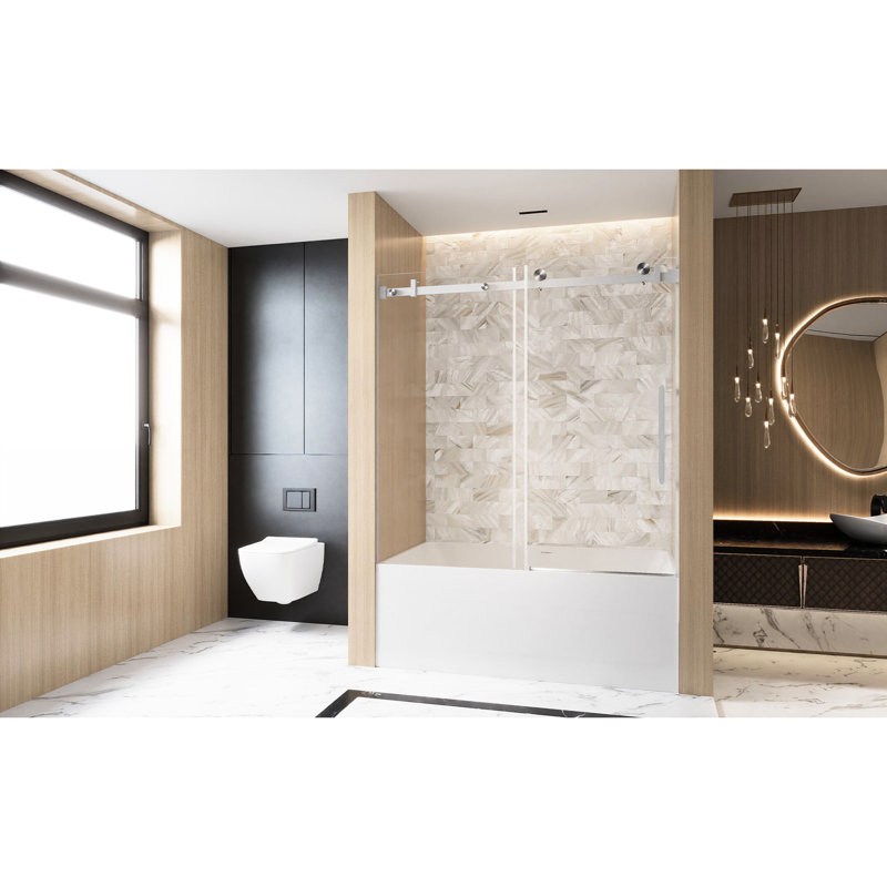 60 - Inch High Single Sliding Shower Door 56 Inches Wide, 6Mm Clear Tempered Glass With Shatter Film, Stainless Steel Track And Handle In Brushed Nickel Finish, Good For Bathroom Use, Silent Smooth
