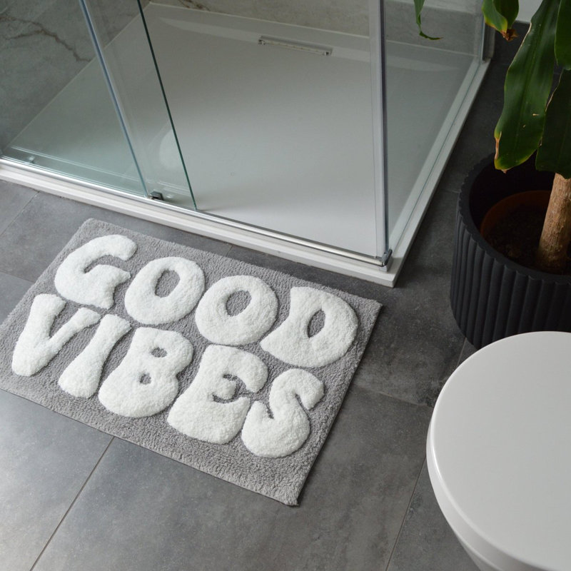 Good Vibes Slogan Bath Mat, Grey
