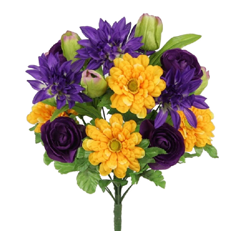 18 tiges artificielles tulipe, dahlia et renoncule mélangées verdure, Mauve / doré