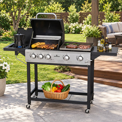 LOUAORIS 5-Burner Gas Grill Griddle Combo with Side Burner, Propane BBQ 3-in-1, 50,000 BTU, 557 Sq.In. Cooking Area, Cast Iron Grates & Flat Top Griddle, Two Grease Trays, Outdoor Cooking Backyard