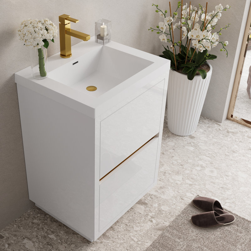 24" Freestanding Single Bathroom Vanity Modern Style Vanity with Integrated Stone Resin Countertop and Sink, 2 Soft Close Drawers