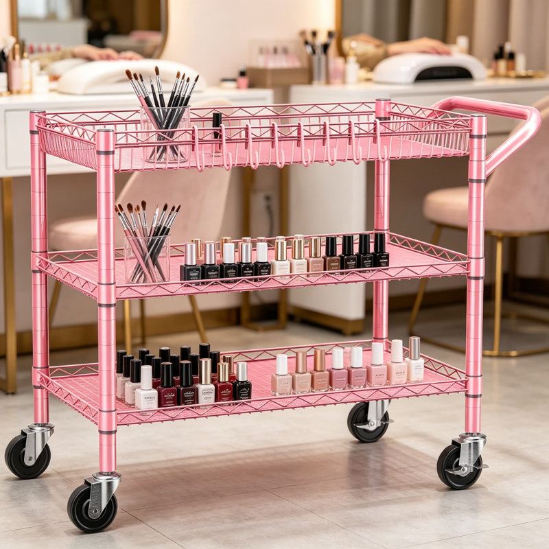 Chariot utilitaire avec roulettes, chariot roulant en métal robuste à 3 niveaux d'une capacité de 990 lb pour la cuisine, l'entrepôt et une utilisation intérieure / extérieure, approuvé NSF, étagères grillagées avec poignée et roulettes verrouillables, rose