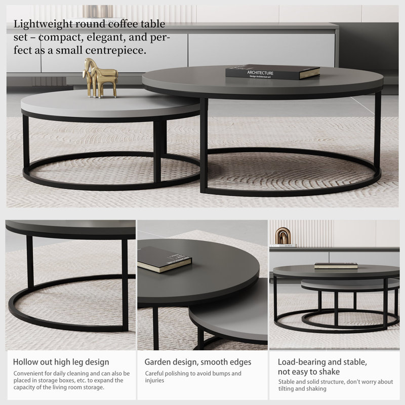 Carbon Steel Nesting Coffee Tables Set - Round Extendable Design with Durable Panel for Living Rooms, Grey