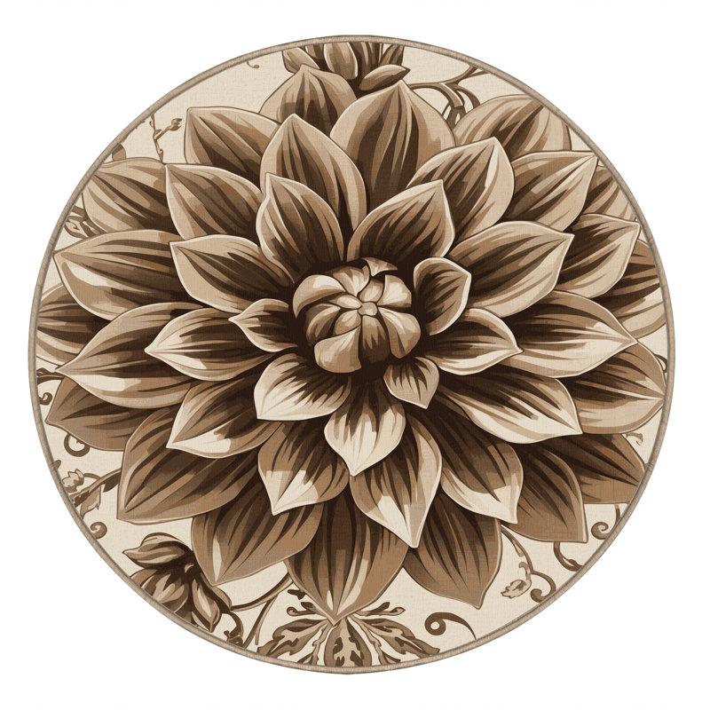 Tapis floral moelleux et doux à motif floral dahlia beige - reliure beige, Rond 8 pi