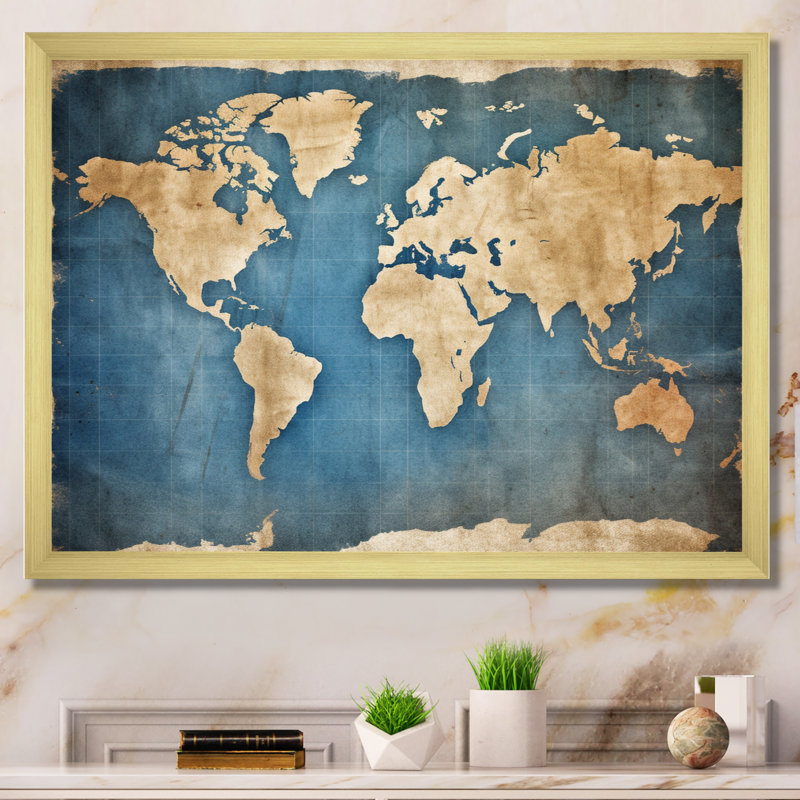 Ancienne carte du monde III, reproduction d'art sur toile, H 12 po x l 20 po x P 1 po, Cadre doré à une seule photo