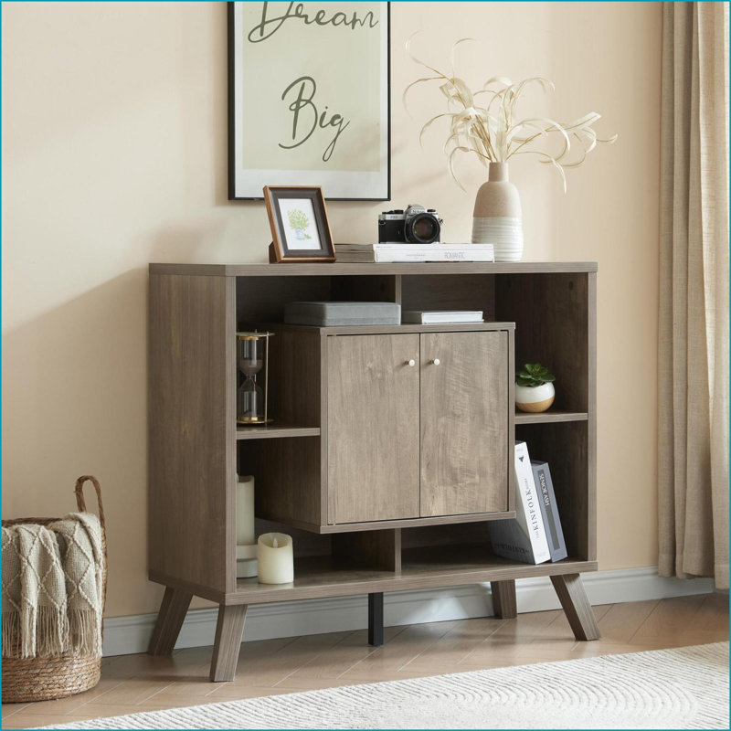 Cabinets, Compact 2-Door 4 Open Shelves Storage Cabinet with Metal Knobs Wooden Flared Legs | Traditional | Particle Board+MDF