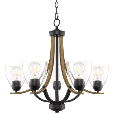 Grand lustre campagnard à 5 lumières Kira Home Weston 24 "+ abat-jour en verre transparent, chaîne réglable, style bouleau fumé + finition noire