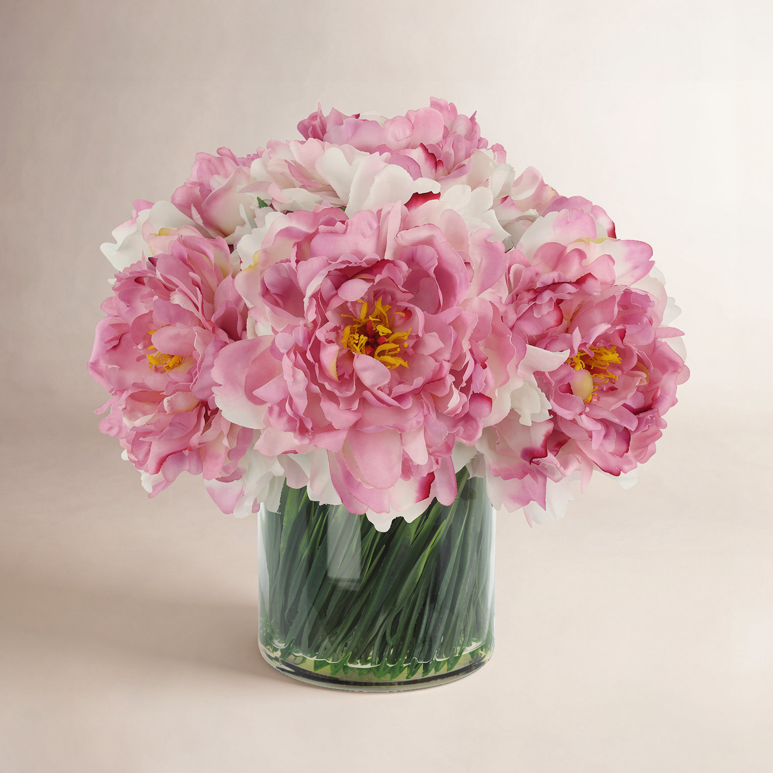 Faux Peony Arrangement in a Glass Vase, Pink