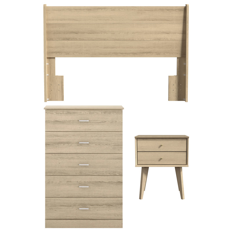 Allyannah Mid-Century Coordinated Bedroom Set, 3 Pcs: Headboard, Chest, Nightstand