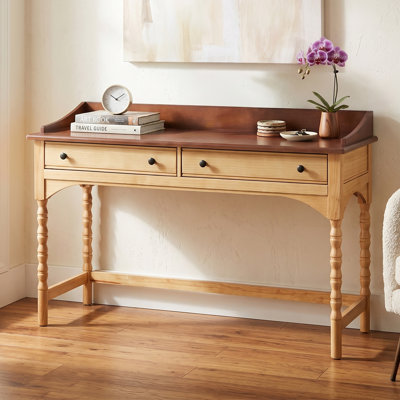 Console de 54 po en bois avec 2 tiroirs de rangement, meuble-lavabo à pattes tournées multifonctionnel avec design anti-basculement pour le salon, la chambre à coucher et le bureau, brun et naturel