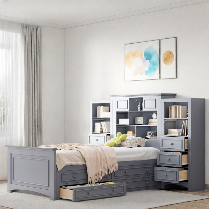 Lit plateforme en bois avec tiroirs et compartiments de rangement, Gris