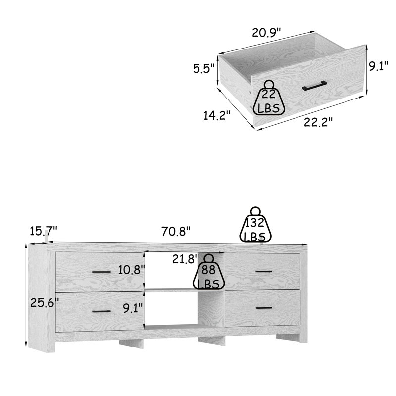 70.8'' W TV Stand With 4-Drawers And 2-Open Shelves, White