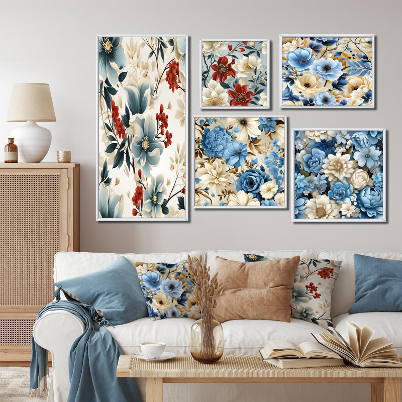 Ordaz - ensemble de 5 reproductions d'art sur toiles florales, Cadre flottant blanc