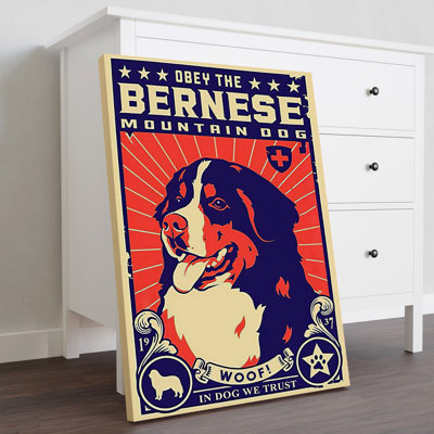 Obey The Bernese Mountain Dog Gallery Wrapped Canvas - Pet Illustration Decor, Red And Blue Home Decor