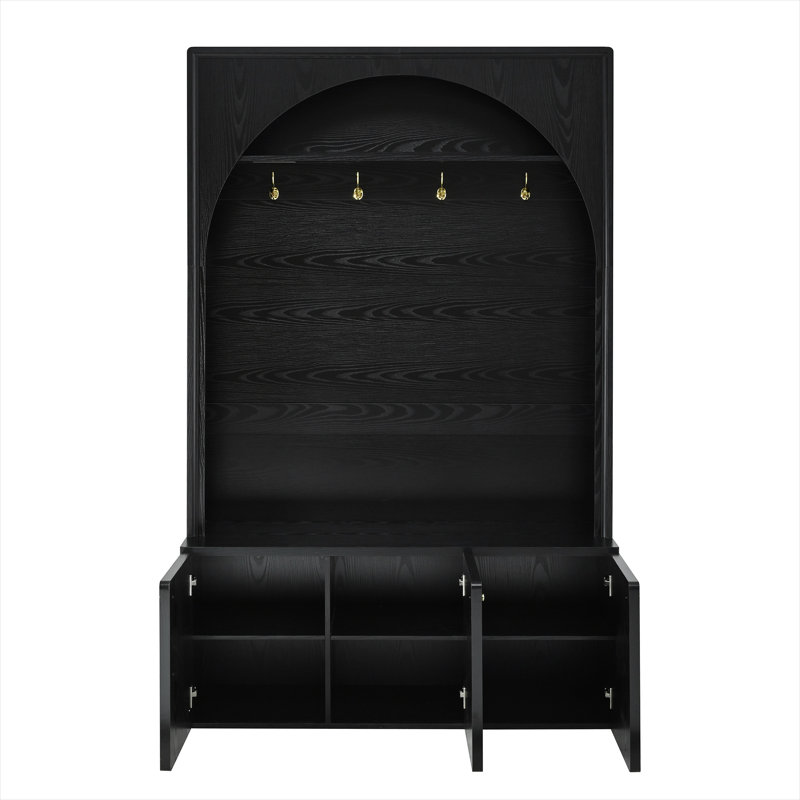 Retro Arched 48.7-Inch All-In-One Hall Tree, Farmhouse Style MDF Jet Black Entryway Storage Coat Rack for Mudroom and Hallway