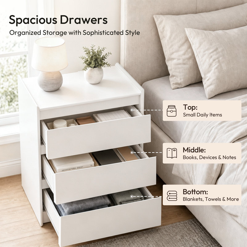 Modern Minimalist 20'' W 3-Drawer Nightstand with Hidden Charging Station, White, White, Individual