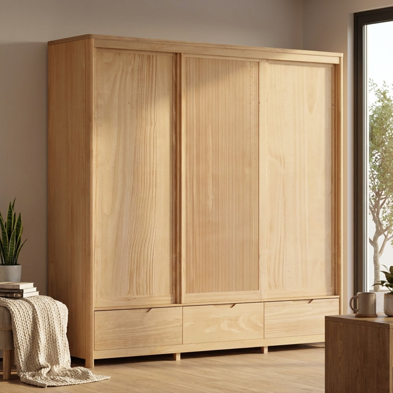 Armoire coulissante en bois massif 3 portes Nest, armoire large de 87 pouces avec deux tringles, tablettes et tiroirs