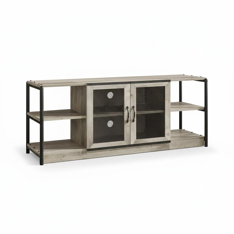 Meuble télé 71 po pour téléviseur 75 po, console multimédia grise avec portes en filet et tablettes ouvertes, centre de divertissement robuste pour salon, gris