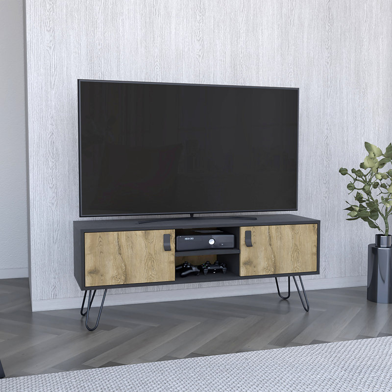 Meuble télé Huna Hairpin Legs, deux tons avec 2 portes et tablettes ouvertes