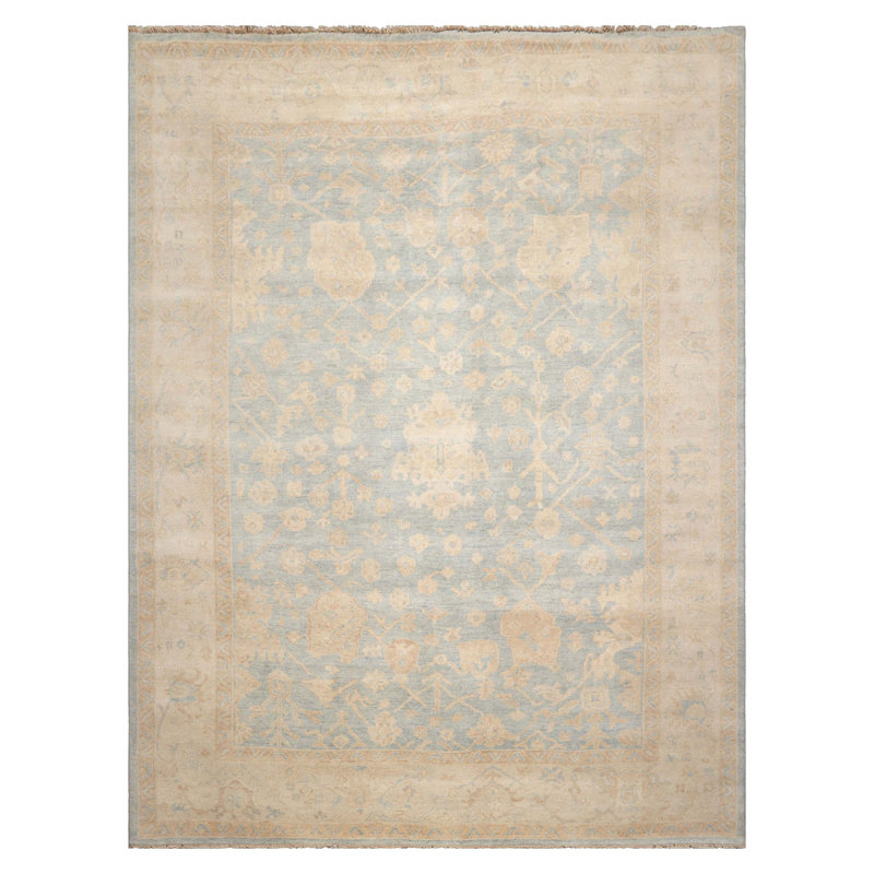 Tapis multicolore en laine délavé Oushak bleu délavé noué à la main, Rectangle 9 pi x 12 pi