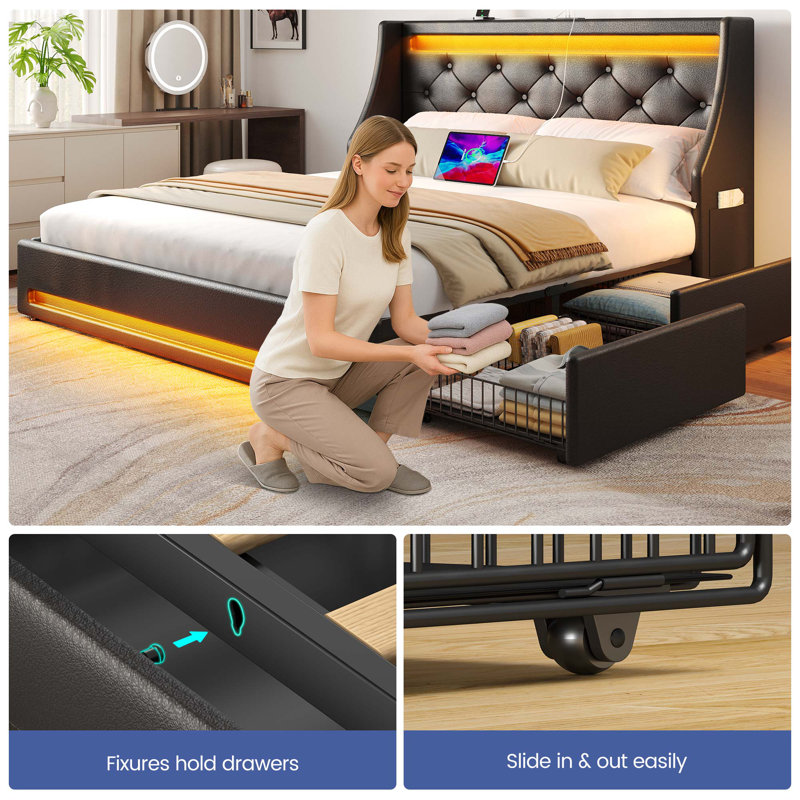 Bed Frame with LED Lights,Upholstered Wingback Storage Bed with Built-in Outlets & 4 Drawers, Black, Queen