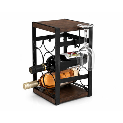 6-Bottle Countertop Wine Rack with Glass Holder, Wood & Metal Freestanding Wine Bottle and Stemware Organizer, Holds 6 Bottles & 2 Wine Glasses for Ki