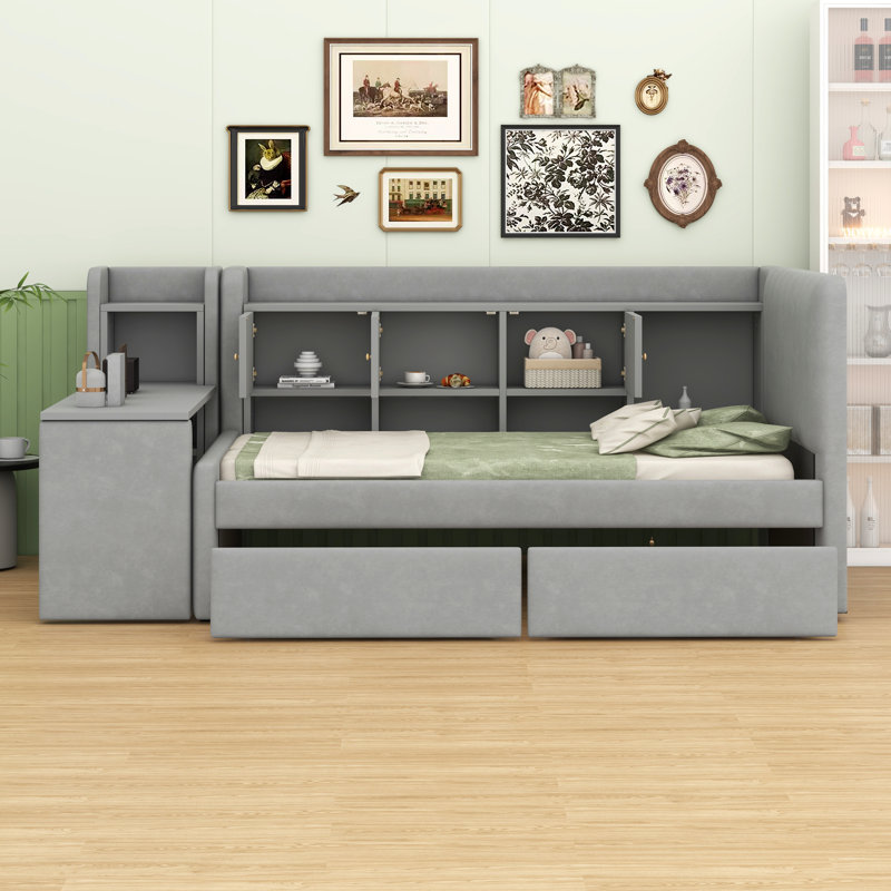 Lit de jour rembourré avec tiroirs, tablettes, armoires rabattables et table d'appoint, Gris