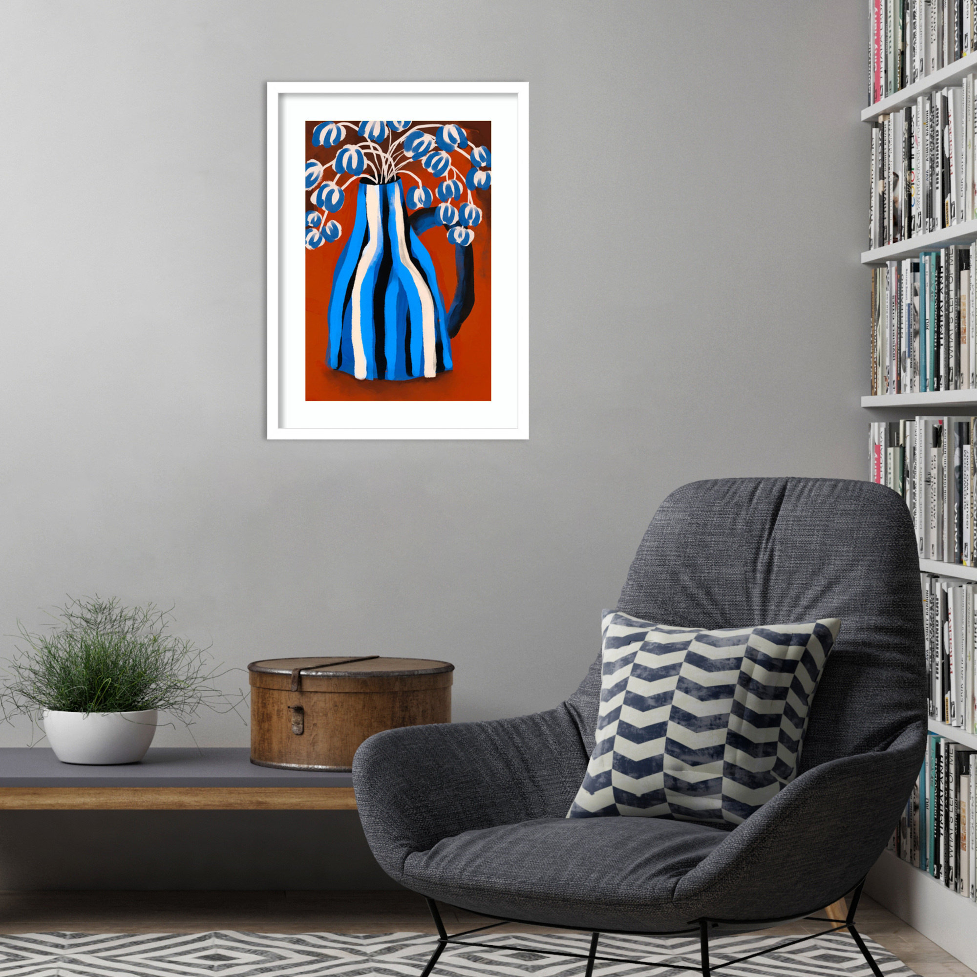 Striped Vase by Treechild Wood Framed Wall Art Print, 25" H x 19" W, White