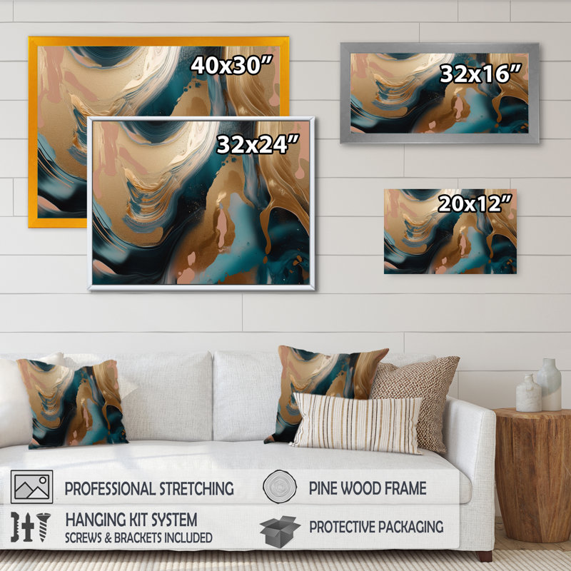 Or et vert marbré Euphoria II - impression sur toile de marbre abstrait, Cadre doré simple, H 34 po x l 44 po x P 1,5 po