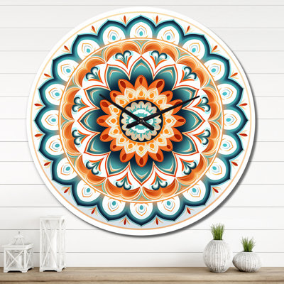 Horloge murale mandala exquise en bleu et orange rétro I - Boho Mandala